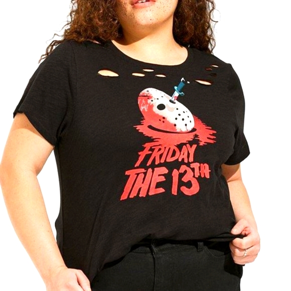 ❤️NWT VINTAGE TORRID TEE - FRIDAY THE 13TH JASON VOORHEES DISTRESSED MASK - PLUS - Picture 10 of 12